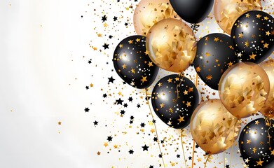 Happy Birthday Greeting card with golden and black balloons, confetti stars background