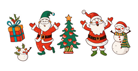 メリークリスマス、そしてハッピーニューイヤー。サンタ クロース、クリスマス ツリー、ギフト、ココア、コーヒー、トレンディなレトロな漫画スタイルのジンジャーブレッド。漫画のキャラクターと要素のステッカー パック。