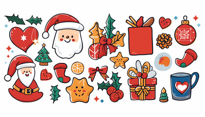 メリークリスマス、そしてハッピーニューイヤー。サンタ クロース、クリスマス ツリー、ギフト、ココア、コーヒー、トレンディなレトロな漫画スタイルのジンジャーブレッド。漫画のキャラクターと要素のステッカー パック。