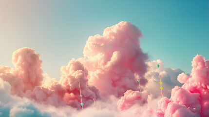 An imaginative scene with fluffy pink clouds resembling cotton candy against vivid blue sky - obrazy, fototapety, plakaty