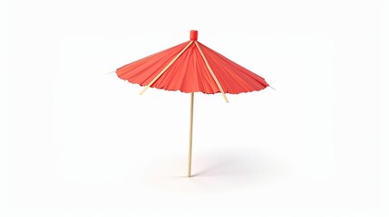 Realistic 3D vector model of a toothpick cocktail umbrella, crafted from red paper, isolated on a white background.