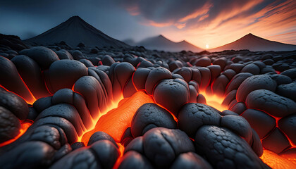 Fototapeta premium Landscape photo of fiery vulcanic red hot lava rocks flow at sunset, Nature backgrounds, geology illustrations.