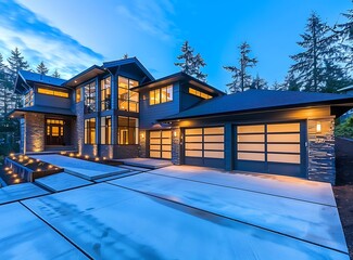 Beautiful new modern luxury home with a large garage and double doors