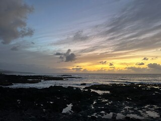 Sunset over the Atlantic Ocean near Punta del Hidalgo, San Cristóbal de La Laguna, Tenerife,...