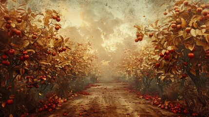 An orchard with a lot of apple trees and a path in the middle. The trees are full of red apples. The background is a sky with clouds. The image has a vintage, painterly style.