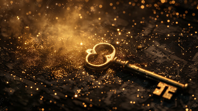 Vintage key surrounded by golden particles on a dark surface.