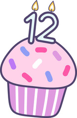 birthday cupcake with candle  number 12 for happy birthday greetings card or invitation