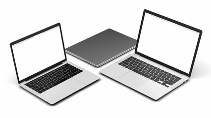 Fototapeta premium Realistic laptop mockup featuring a blank screen isolated on a white background, offering various perspectives and views.