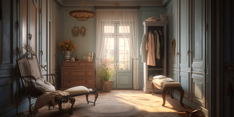 Provence style wardrobe interior with wooden furniture.