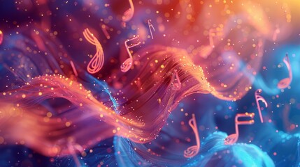 Colorful 3D rendering of intertwined glowing ribbons with treble clefs.