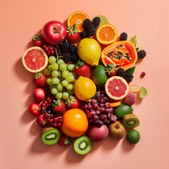 Vibrant Medley: A Cornucopia of Fresh Fruits on a Blush Pink Canvas