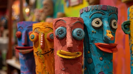 Fototapeta premium Colorful wooden tiki totem poles with faces.