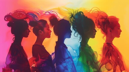 Five colorful women with different hairstyles in a row
