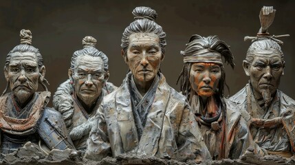 Naklejka premium Five samurai warriors made of stone
