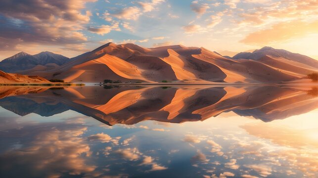 Desert dunes reflecting on a calm lake during sunrise 