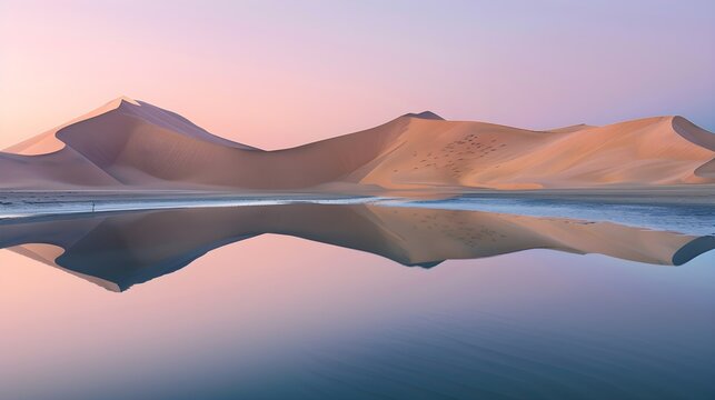 Desert dunes reflecting on a calm lake during sunrise 