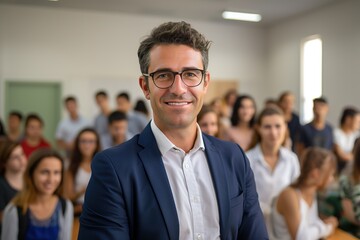 Portrait of a young handsome teacher in glasses, blue jacket and white shirt on blurred background of classroom with students