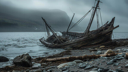 Mysterious decaying shipwreck sits on a stony shore surrounded by fog and the dark looming cliffs
