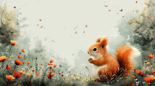 A vector illustration of squirrels in a forest, watercolor painting, soft pastel colors, cute and playful style