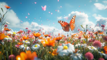 A beautiful field of flowers with a butterfly