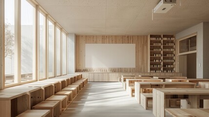 Fototapeta na wymiar interior of a modern wood-paneled classroom with large windows