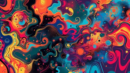 Fototapeta premium Vibrant Liquid Swirls: Abstract colorful background with circles, pattern, texture, and seamless design, resembling flowing water, paint, and fire in shades of blue, orange, and gold