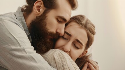 cropped shot of bearded man hugging and supporting young sad woman