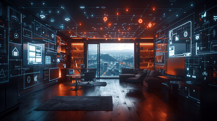 cyber space living, an office room materializes with smart home devices, furniture, and security systems floating above, all seamlessly connected to the network
