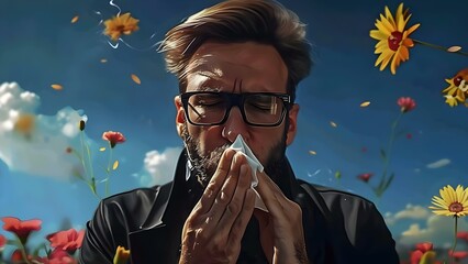 Man with seasonal allergies blowing nose in field of flowers. Concept Seasonal Allergies, Blooming Flowers, Outdoors, Allergy Symptoms - obrazy, fototapety, plakaty