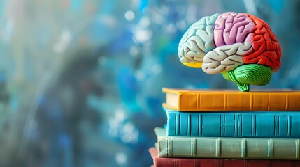 Colorful brain on the top of books pile. Creative education conceptual background  - obrazy, fototapety, plakaty