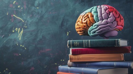 Colorful brain on the top of books pile. Creative education conceptual background  - obrazy, fototapety, plakaty