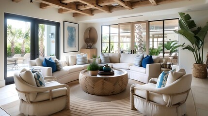 beautiful small space casual living family room soft neutral wood beams and a gorgeous grouping of swivel color fabric chairs around a striking coffee table coastal design nature freshness ...