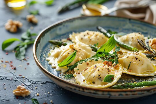 Goat's cheese ravioli with green asparagus, walnuts, chilli flakes and olive oil