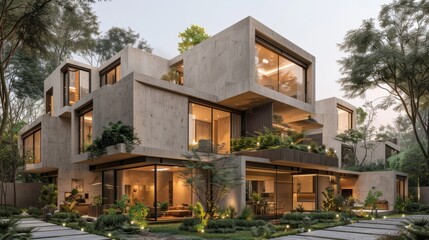 Fototapeta premium Photo of a modern house with a lot of glass windows and a garden with green plants and trees.