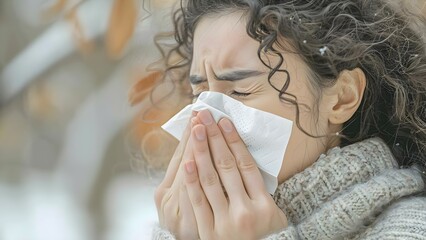 Woman with allergies or flu using handkerchief to sneeze or blow her nose. Concept Healthcare, Allergies, Cold, Flu, Hygiene