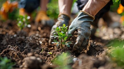 Planting a small plant in the garden soil