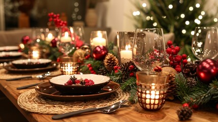 Table set for Christmas dinner with candles, pine cones and red berries.