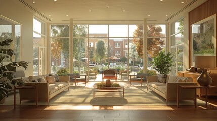 Fototapeta premium The lobby of a luxury hotel is decorated with modern furniture and has a large glass window looking out onto a garden