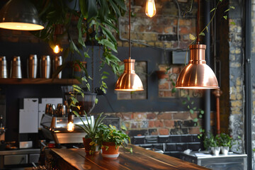 Copper light fixtures cast a warm glow over a cozy café - enhancing the ambiance with their distinctive metallic shine and creating an inviting atmosphere - Powered by Adobe