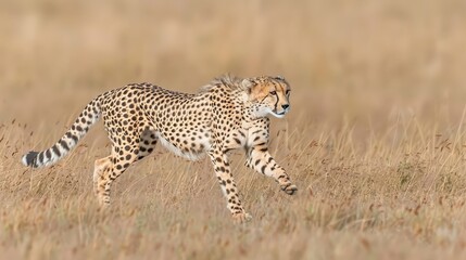   A cheetah sprints through tall grass, field backdrop blurred