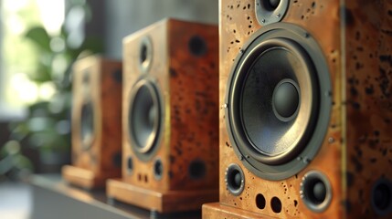 Three wooden speakers on a table with a blurred background