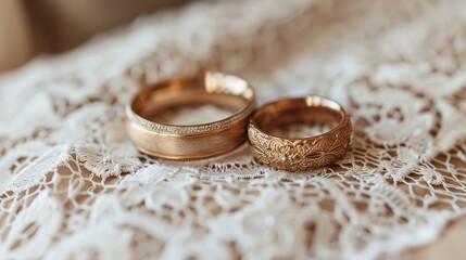 Two gold wedding rings on a white lace background.