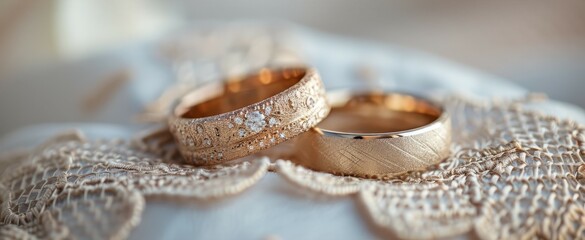Naklejka premium Two gold wedding rings on a white lace pillow
