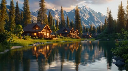 Fototapeta premium A serene lakeside retreat with wooden cabins nestled among towering pine trees, reflecting in the tranquil waters 
