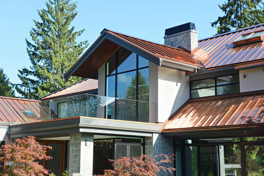 A modern home stands out with its copper roofing - the natural patina complementing the architectural style and adding timeless elegance