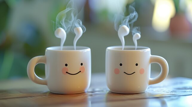 Two happy cartoon mugs of coffee with steam rising from them.