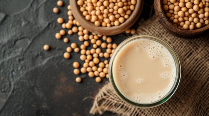 Top view of a jar of soy milk with soybeans in a bowl
