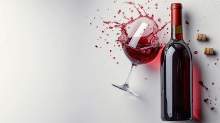 A bottle of wine and a glass with a splash