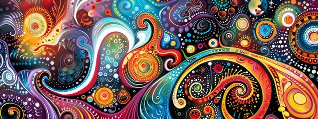 Fototapeta premium Vibrant Liquid Swirls: Abstract colorful background with circles, pattern, texture, and seamless design, resembling flowing water, paint, and fire in shades of blue, orange, and gold