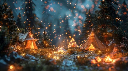 Naklejka premium Two teepees in a forest at night with a campfire in between them and a starry sky above.